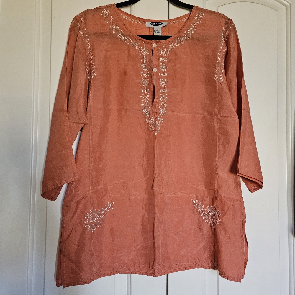 Old Navy Coral Embroidered Silk Blouse